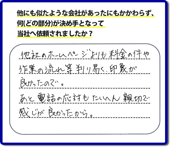 口コミ評判２２　「他社のホームページよりも料金の件や作業の流れ等が判り易く、印象が良かったので。あと電話の応対もたいへん親切で感じが良かったから。」と糟屋郡志免町のお客様よりたいへんうれしいお褒めのメッセージをいただきました。便利屋【便利屋】暮らしなんでもお助け隊 福岡鳥飼店（福岡）では、福岡一番の口コミ評判のメッセージを掲載しています。お家の片付けで困ったときは、何でも屋・便利屋【便利屋】暮らしなんでもお助け隊 福岡鳥飼店へお電話下さい。